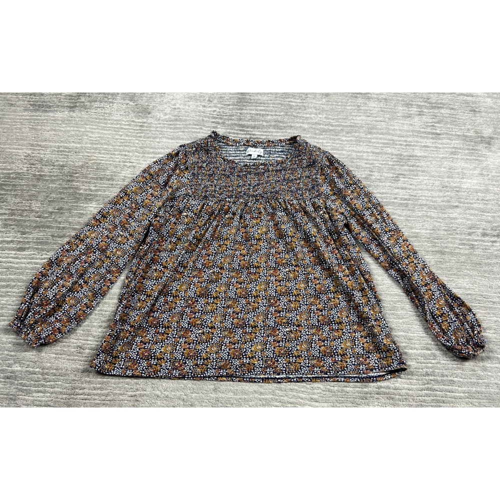 Wonderly Blouse Womens M Navy Floral Smocked Long Sleeve Boho Peasant Top